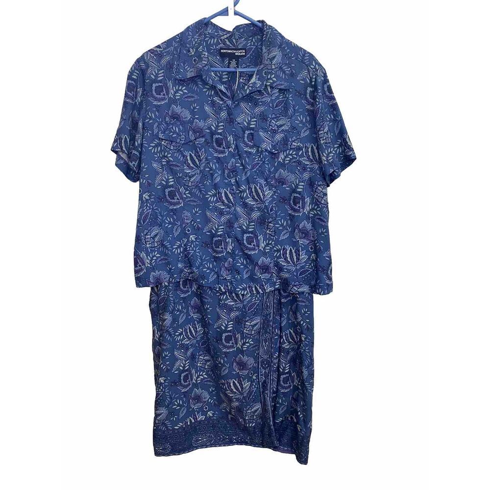 Norton McNaughton Blue Rayon 2 Pc Outfit Top Women's Size 1X Faux Wrap Skirt‎